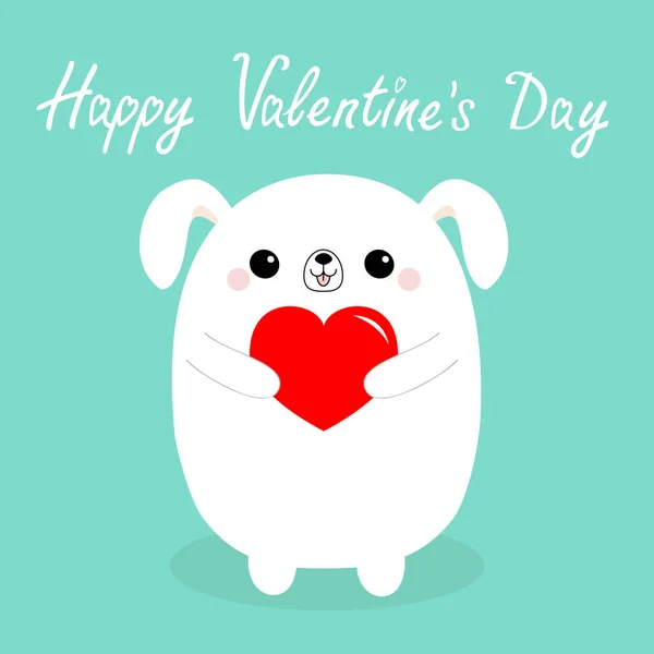 幸せなバレンタインデー 顔心を保持する赤 白の赤ちゃん犬子犬頭 かわいい可愛い面白い動物キャラクター 愛のカードです フラットなデザイン 分離されました 青色の背景色 ベクトル図 — ストックベクタ