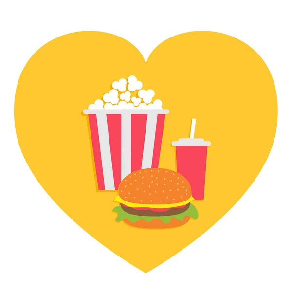 Popcorn Burger Soda Nápojového Skla Slámou Tvar Srdce Mám Rád — Stockový vektor