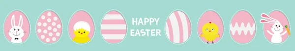 Frohe Ostern Bemalte Muster Eierrahmen Linie Gesetzt Kaninchenhase Mit Karotte — Stockvektor