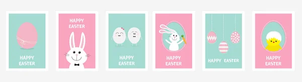 Happy Easter Greeting Card Set Line Hanging Painted Egg Dash — Stock Vector