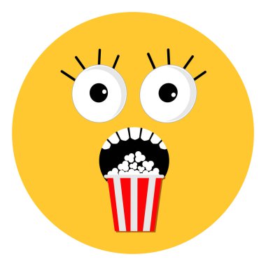 Korkutucu yüz duygular patlamış mısır boo. Yuvarlak şekli. Film sinema simgesi düz tasarım tarzı seviyorum. Sarı arka plan. İzole.