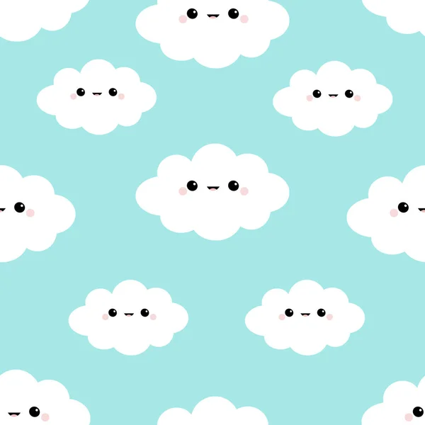 Seamless Pattern. Cloud in the sky. Cute cartoon kawaii funny smiling baby character. Wrapping paper, textile template. Nursery decoration. Blue background. Flat design — Stock Vector