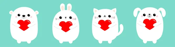 Happy Ημέρα του Αγίου Βαλεντίνου. Άσπρη γάτα γατάκι αρκούδα σκυλί κουτάβι κουνέλι λαγός που κατέχουν κόκκινο χαρτί καρδιά. Χαριτωμένο κινούμενα kawaii αστείο μωρό χαρακτήρα του ζώου. Επίπεδη σχεδίαση. Αγάπη κάρτα μπλε φόντο — Διανυσματικό Αρχείο