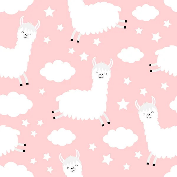 Seamless Pattern. Alpaca llama jumping. Cloud star in the sky. Cute cartoon kawaii funny smiling baby character. Wrapping paper, textile template. Nursery decoration. Pink background. Flat design — Stock Vector