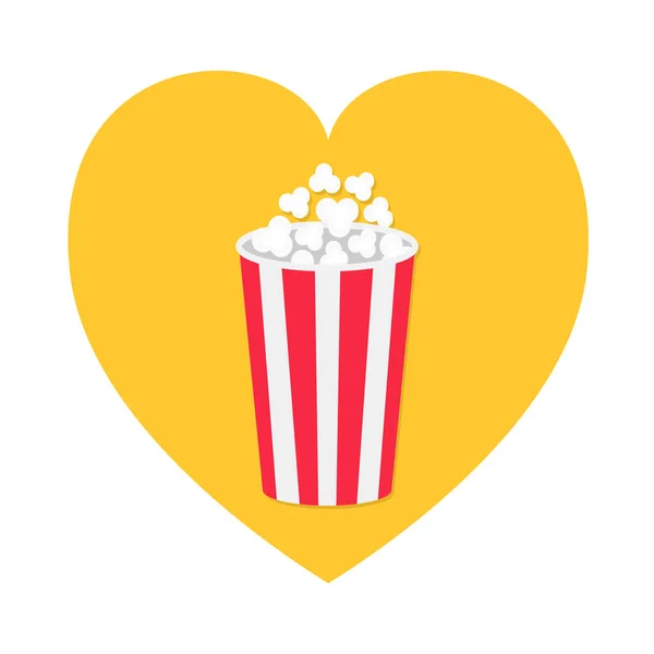 Popcorn icon. Heart shape. Red yellow strip paper box. I love movie cinema night. Tasty food. Flat design. Isolated. White background.