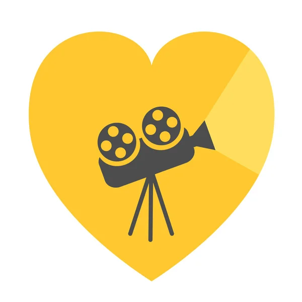 Proyector de cine con rayos de luz. Forma de corazón. Me encanta el icono del cine. Fondo amarillo. Aislado. Diseño plano . — Archivo Imágenes Vectoriales