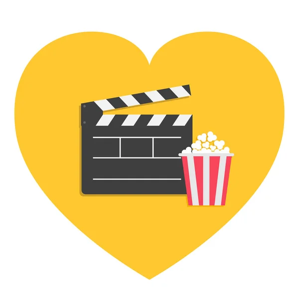 Grote open klepel bestuur Popcorn hart vorm. Ik hou van. Bioscoop film pictogram teken symbool ingesteld. Rood wit gevoerd vak. Platte ontwerpstijl. Gele achtergrond. — Stockvector