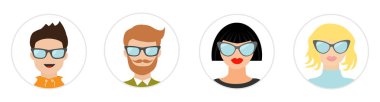 Avatar insanlar simge kümesi satır. Sevimli çizgi film karakteri. Farklı yüz koleksiyonu. Bununla birlikte güneş gözlüklü erkek kadın başı. Erkek kadın gözlük takıyor. Yuvarlak şekli düz beyaz arka plan. İzole.