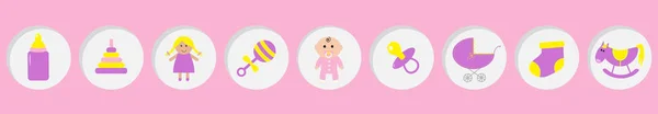 Babyduschkarte für Mädchen. Es ist ein Mädchen. Flasche, Pferd, Rassel, Schnuller, Socke, Puppe, Kinderwagen Pyramidenspielzeug. runde Symbolzeile. Vereinzelt. rosa Hintergrund flaches Design — Stockvektor