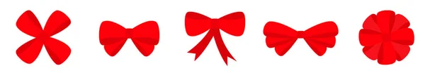 Červená stuha vánoční luk ikonu nastavit řádek. Výzdobný prvek pro dárkové přítomen. Bílé pozadí. Izolovaný. Plochý design. — Stockový vektor