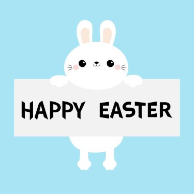 Mutlu paskalyalar. Beyaz bir tavşan kağıt Pano şablonunda asılı. Yazdırma pençe. Komik kafa surat. Sevimli çizgi film karakteri. Kawaii hayvan. Bebek kartı. Düz tasarım. Mavi arka plan.