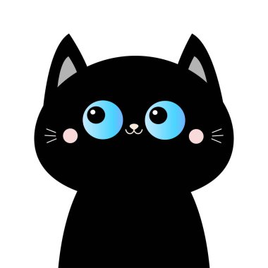 Kara kedi baş yüz siluet. Mavi gözler. Pembe allık yanakları. Komik Kawaii hayvan. Bebek kartı. Sevimli çizgi komik karakter. Evde beslenen hayvan koleksiyonu. Düz tasarım. Beyaz arka plan. İzole.