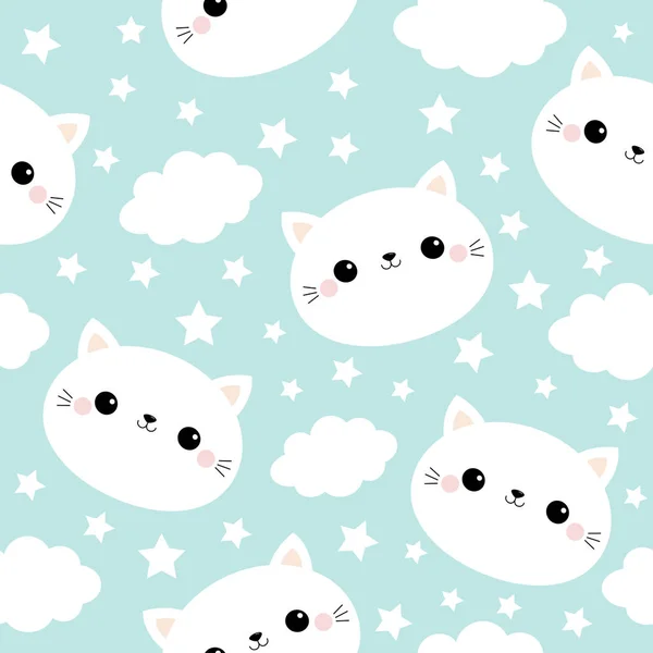 Seamless Pattern. White cat face. Cloud star in the sky. Cute cartoon kawaii funny smiling baby character. Wrapping paper, textile template. Nursery decoration. Blue background. Flat design — Stock Vector