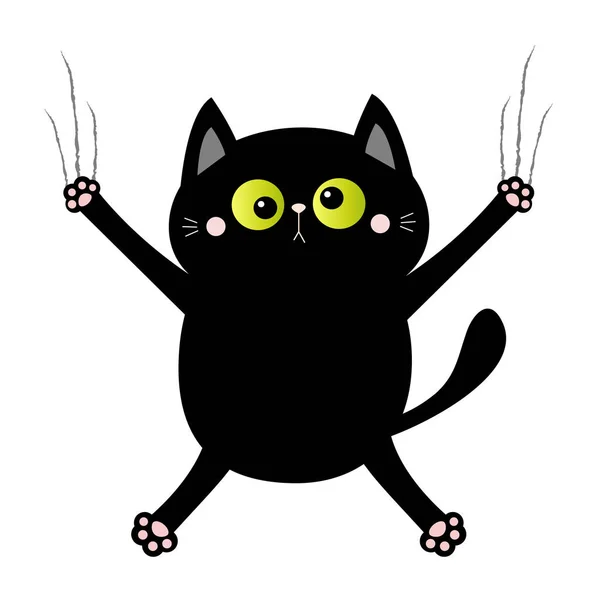 검은 고양이 손톱 발톱 스크래치 새끼 고양이 비명. 녹색 눈 교차. 귀여운 만화 귀여운 재미 있는 문자 아래로 떨어지는. Excoriation 트랙 선입니다. 아기 애완 동물 컬렉션입니다. 흰색 배경입니다. 평면 디자인. — 스톡 벡터