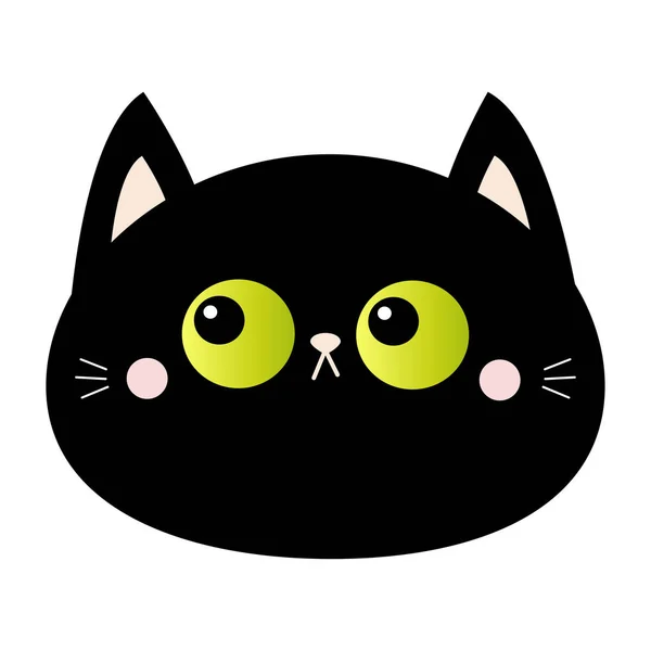 Gato negro cabeza redonda icono. Ojos verdes. Mejillas sonrosadas. Gracioso animal Kawaii. Lindo personaje divertido de dibujos animados. Tarjeta de bebé. Colección de mascotas. Diseño plano. Fondo blanco. Aislado . — Archivo Imágenes Vectoriales