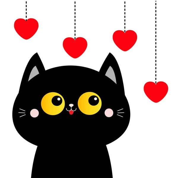 Svart katt tittar hängande röda hjärtan. Gula ögon. Streckad linje. Hjärta in söta tecknade figur. Alla hjärtans dag. Kawaii djur. Kärlek gratulationskort. Flat vit bakgrund. — Stock vektor