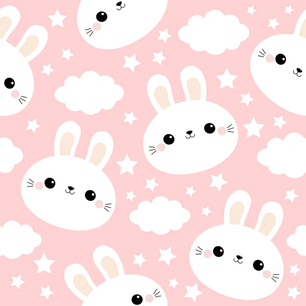 White rabbit bunny face. Seamless Pattern. Cloud in the sky. Cute cartoon kawaii funny smiling baby character. Wrapping paper, textile template. Nursery decoration. Pink background. Flat design — Stock Vector