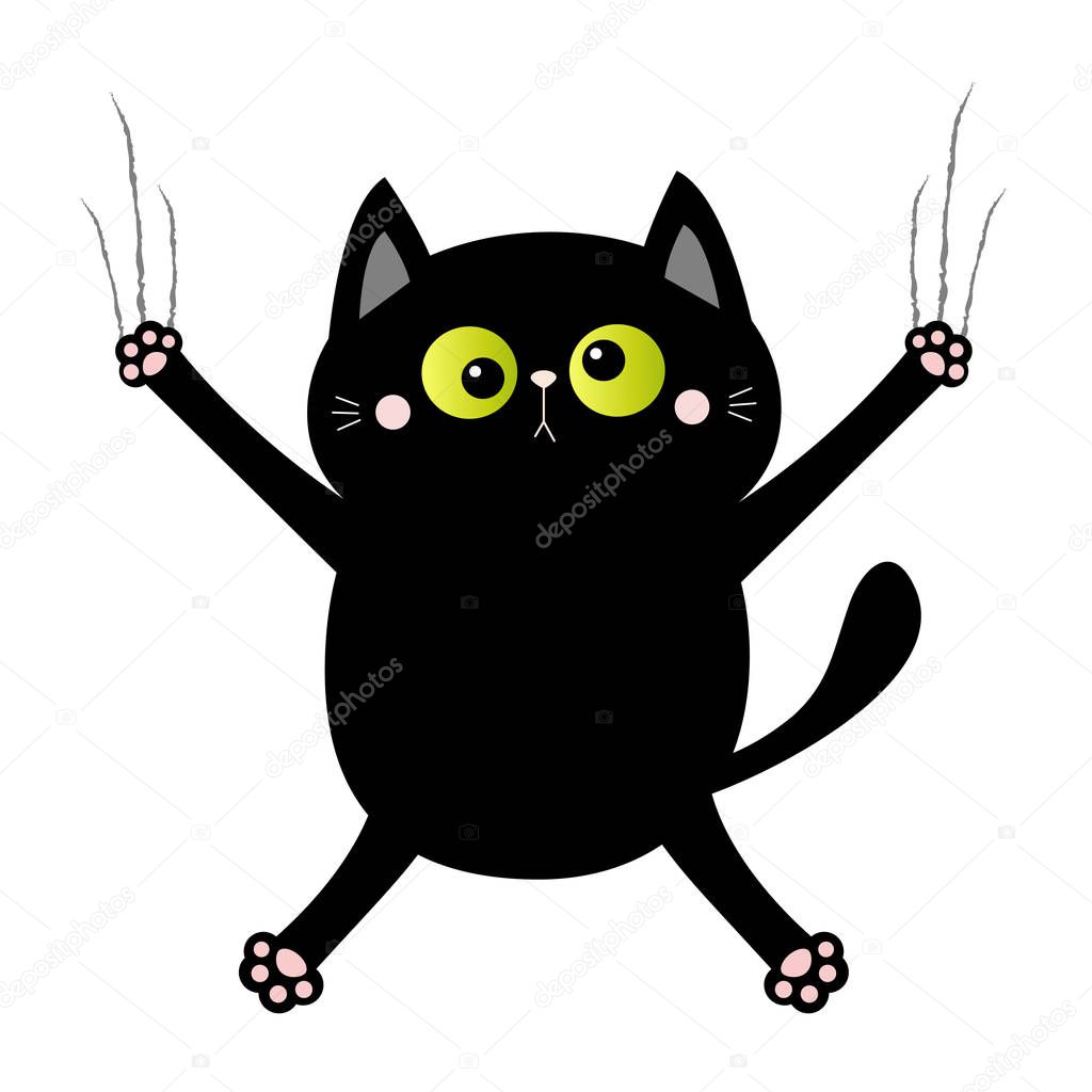Black cat nail claw scratch. Screaming kitten. Crossed green eye. Cute cartoon kawaii funny character falling down. Excoriation track line. Baby pet collection. White background. Flat design.