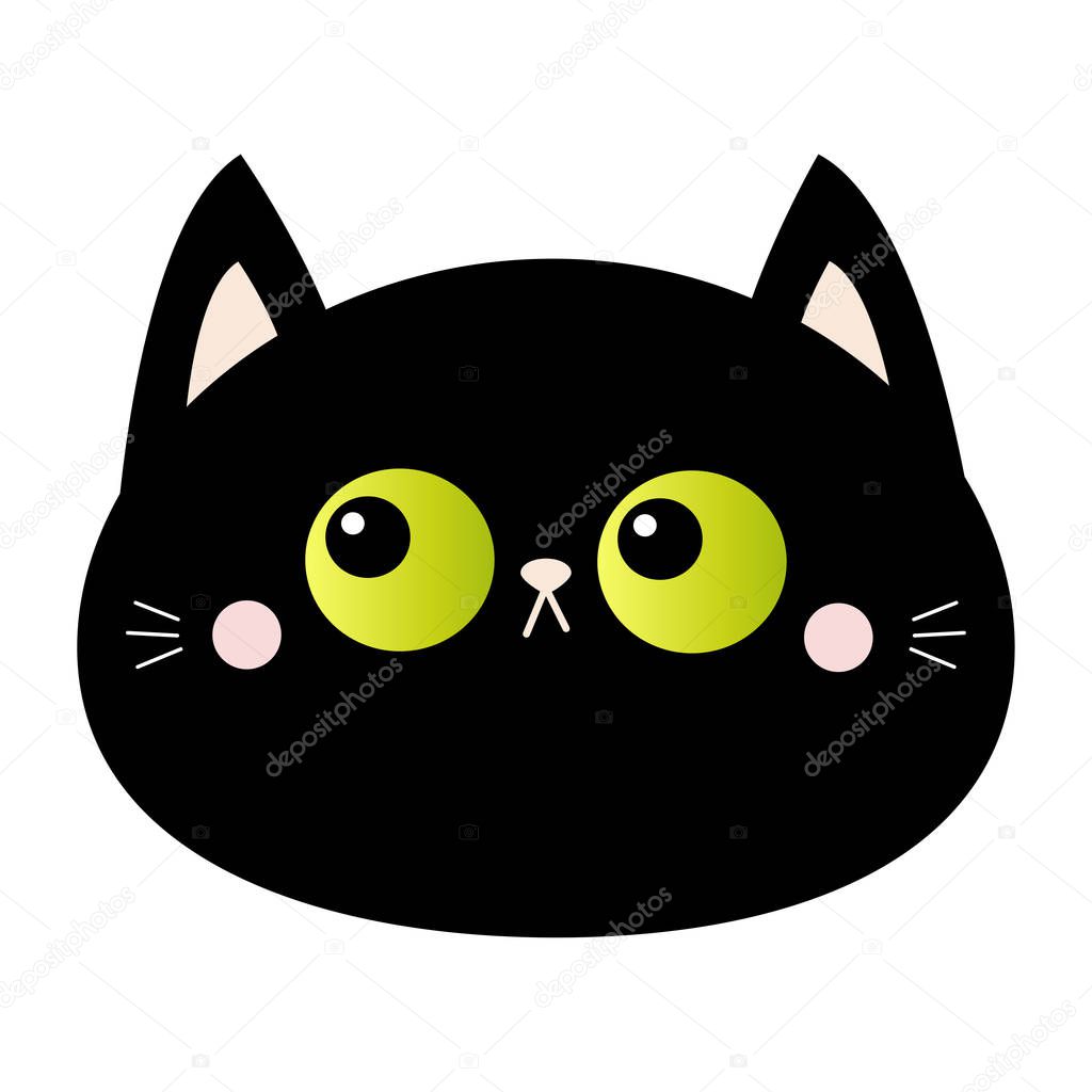 Black cat round head face icon. Green eyes. Pink blush cheeks. Funny Kawaii animal. Cute cartoon funny character. Baby card. Pet collection. Flat design. White background. Isolated.