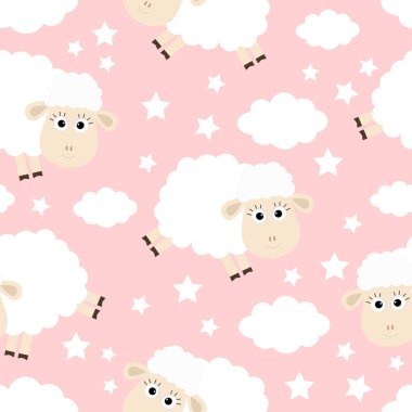 Seamless modeli. Atlama koyun. Gökyüzünde bulut yıldız. Komik bebek karakter gülümseyen sevimli çizgi kawaii. Paket kağıdı, tekstil şablonu. Çocuk odası dekorasyon. Pembe bir arka plan. Düz tasarım