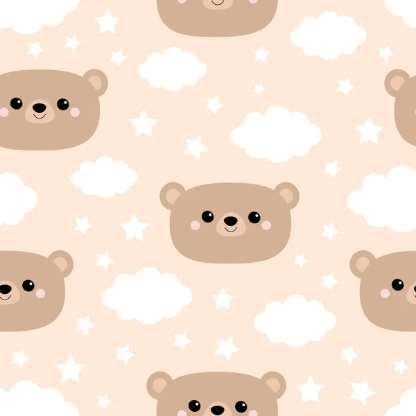Seamless Pattern. Bear face. Cloud in the sky. Cute cartoon kawaii funny smiling baby character. Wrapping paper, textile template. Nursery decoration. Pink background. Flat design — Stock Vector