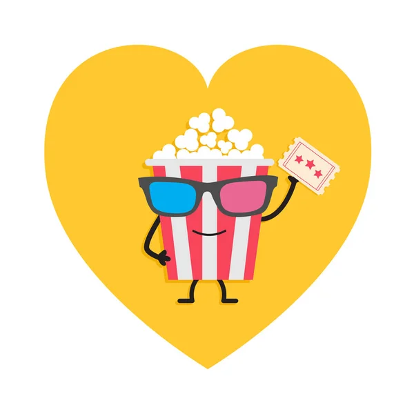 Popcorn vak in 3d bril. Teken met gezicht, benen en hand met ticket. Hart vorm. Ik hou van cinema filmpictogram. Platte ontwerpstijl. Gele achtergrond. Geïsoleerd. — Stockvector