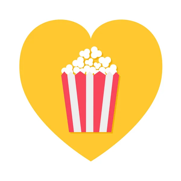 Popcorn ikona wewnątrz kształtu żółte serce. Czerwony pasek żółty papier pole. Uwielbiam film kino nocne. Smaczne jedzenie. Płaska konstrukcja. Na białym tle. Białe tło. — Wektor stockowy