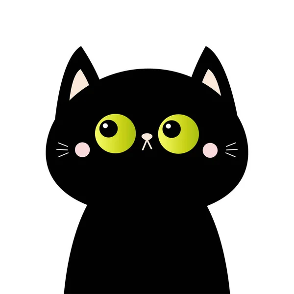 Silueta de cara de gato negro. Ojos verdes. Mejillas sonrosadas. Gracioso animal Kawaii. Lindo personaje divertido de dibujos animados. Tarjeta de bebé. Colección de mascotas. Diseño plano. Fondo blanco. Aislado . — Vector de stock