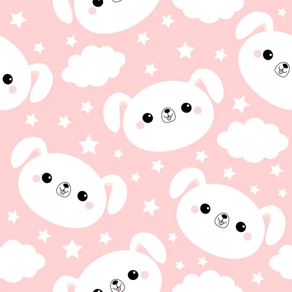 White dog face. Seamless Pattern. Cloud star in the sky. Cute cartoon kawaii funny smiling baby character. Wrapping paper, textile template. Nursery decoration. Pink background. Flat design — Stock Vector