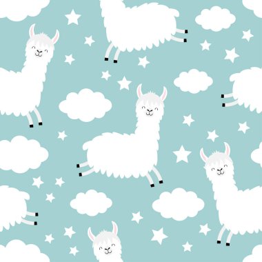 Seamless modeli. Alpaka Lama atlama. Gökyüzünde bulut yıldız. Komik bebek karakter gülümseyen sevimli çizgi kawaii. Paket kağıdı, tekstil şablonu. Çocuk odası dekorasyon. Düz mavi arka planı Tasarla.