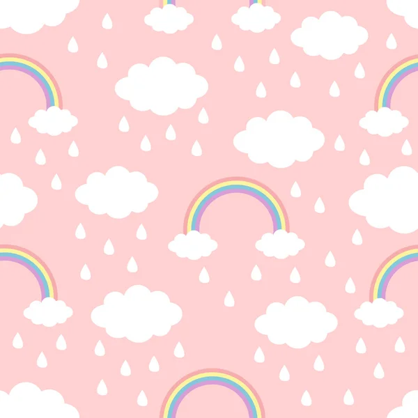 Patrón sin costuras. Nube Rainbow Lluvia caer en el cielo. Lindo dibujo animado kawaii divertido bebé niños decoración. Papel de envolver, plantilla textil. Decoración de vivero. Fondo rosa. Diseño plano — Archivo Imágenes Vectoriales