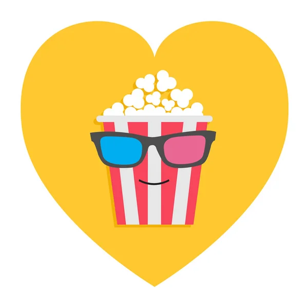 Grote popcorn vak gezicht in 3d bril. Hart vorm. Ik hou van film bioscoop pictogramstijl platte ontwerp. Gele achtergrond. Geïsoleerd. — Stockvector
