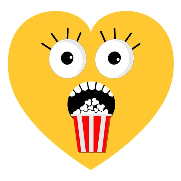 Scary face emotions boo Popcorn. Heart shape. I love movie cinema icon in flat design style. Yellow background. Isolated.