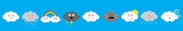 白の暗い雲絵文字アイコン セット行。ふわふわの雲。太陽、虹、風、雨、サンダー ボルト、雷を嵐します。かわいい漫画の cloudscape。異なる感情フラット デザイン ブルース上空の背景 — ストックベクタ