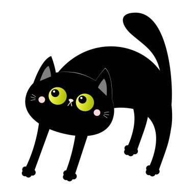 Korkmuş kara kedi kemer geri. Yavru kedi çığlık. Saç kürk ucunda duruyor. Yeşil gözleri, dişleri, bıyıkları bıyık. Şirin komik çizgi film karakteri. Cadılar Bayramınız Kutlu Olsun. Beyaz arka plan. Düz tasarım.