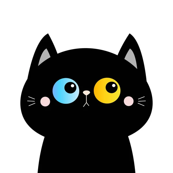 Silueta de cara de gato negro. Ojos azules amarillos. Mejillas sonrosadas. Gracioso animal Kawaii. Tarjeta de bebé. Lindo personaje divertido de dibujos animados. Colección de mascotas. Diseño plano. Fondo blanco. Aislado . — Vector de stock