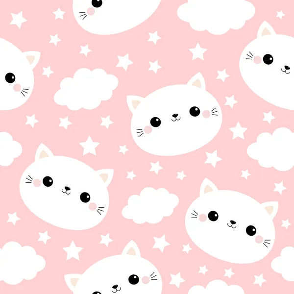 Cara de gato blanco. Patrón sin costuras. Nube estrella en el cielo. Lindo personaje de dibujos animados kawaii divertido bebé sonriente. Papel de envolver, plantilla textil. Decoración de vivero. Fondo rosa. Diseño plano — Vector de stock