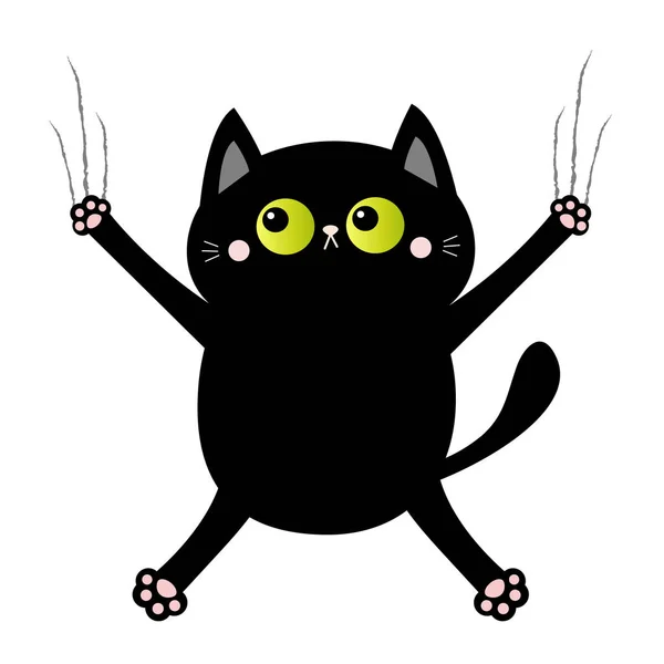 黑猫指甲爪抓伤玻璃。尖叫的小猫。绿色的眼睛。可爱的卡通卡瓦伊有趣的人物倒下。消灭轨道线形状。宠物宝宝收藏。白色背景。扁平设计. — 图库矢量图片