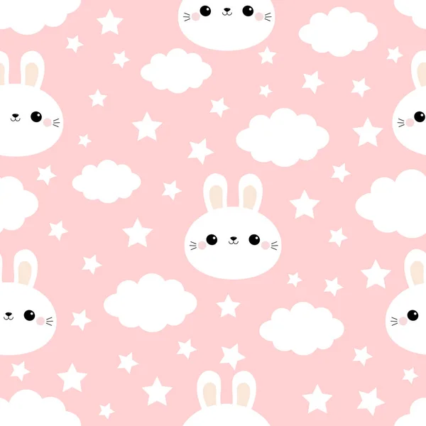 Cara de liebre de conejo. Nube en el cielo. Patrón sin costuras. Lindo personaje de dibujos animados kawaii divertido bebé sonriente. Papel de envolver, plantilla textil. Decoración de vivero. Fondo rosa. Diseño plano — Vector de stock