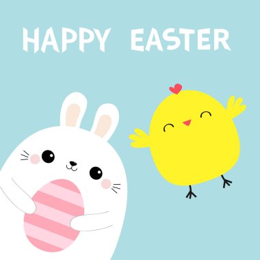 Mutlu Paskalya tavşanı pembe resim yumurta tutarak. Uçan tavuk. Tavşan kız kuş arkadaşlar sonsuza kadar bebeğim. Sevimli çizgi kawaii komik karakter. Çiftlik hayvanı. Mavi pastel renkli. Düz tasarım