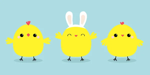 Chicken bird set line. Face head wearing rabbit bunny ears band. Cute cartoon funny kawaii baby character. Happy Easter. Friends forever. Flat design. Greeting card. Blue pastel color background. — 图库矢量图片