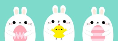 Mutlu Paskalya bunny baş yüz tutan yumurta boyama, tavuk kuş küme satır. Tavşan kız bebeğim. Sevimli çizgi kawaii komik karakter. Çiftlik hayvanı. Mavi pastel renkli. Düz tasarım