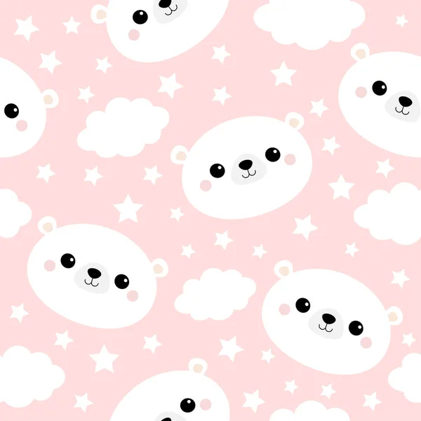 Cara de conejo de oso blanco. Patrón sin costuras. Nube en el cielo. Lindo personaje de dibujos animados kawaii divertido bebé sonriente. Papel de envolver, plantilla textil. Decoración de vivero. Fondo rosa. Diseño plano — Vector de stock