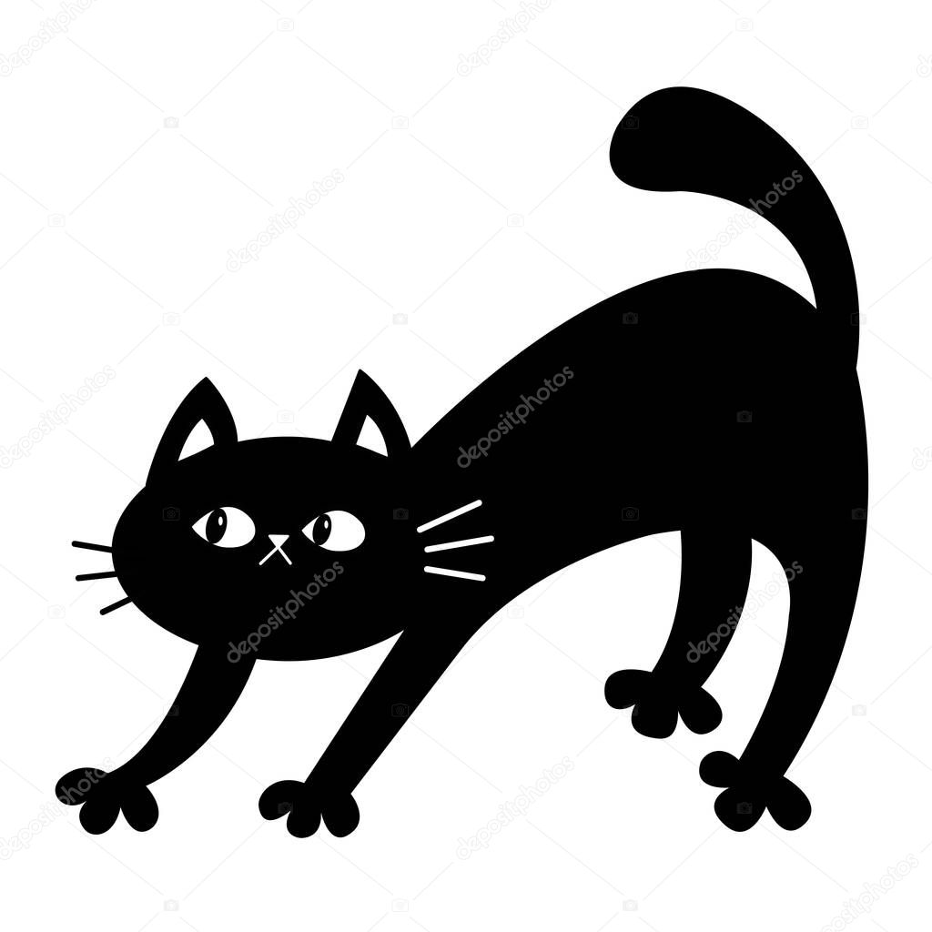 Frightened cat arch back. Scared kitten. Black contour silhouette. Cute funny cartoon kawaii character. Happy Halloween. Sticker print. White background. Flat design.