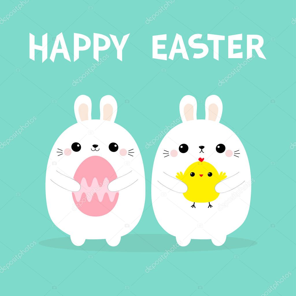 Two bunny holding chicken bird, painting egg set. Happy Easter. Rabbit baby chick friends forever. Farm animal. Cute cartoon kawaii funny character. Blue pastel background. Flat design