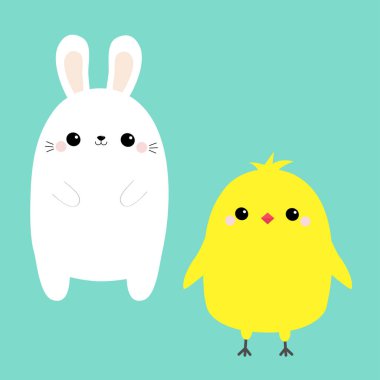 Tavuk kuş, tavşan kümesi. Beyaz tavşan bebek kız baş yüz. Mutlu paskalyalar. Sevimli çizgi kawaii komik karakter. Sonsuza kadar arkadaş. Çiftlik hayvanı. Yeşil arka plan. Düz tasarım