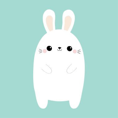 Beyaz tavşan tavşan. Şirin kawaii çizgi film karakteri. Komik kafa surat. Büyük kulaklar. Yazdırma el pençe. Mutlu paskalyalar. Bebek tebrik kartı. Mavi pastel renk arka plan. Düz tasarım.