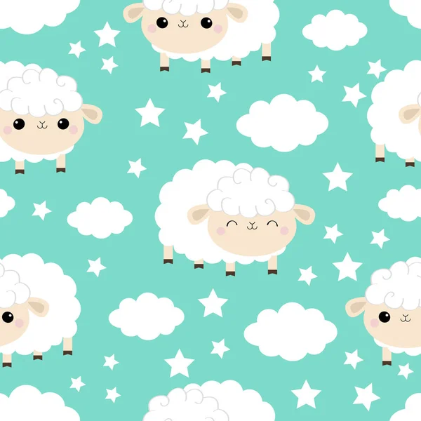 Vzor bezešvé. Ovce ve snu oči... Cloud hvězda na obloze. Roztomilý kreslený kawaii legrační usmívající se dítě charakter. Balicí papír, textilní šablonu. Dekorace dětského pokoje. Modré pozadí. Plochý design — Stockový vektor