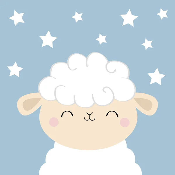 Sheep lamb sleeping face head icon.Cute cartoon kawaii funny smiling baby character. Cloud shape fur. Sweet dreams. Nursery decoration. Flat design. Violet background with stars on the sky. — Stock Vector