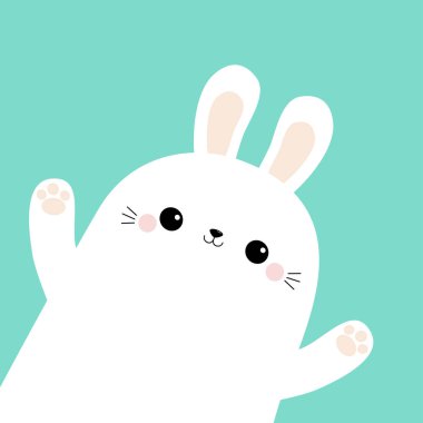 Tavşan tavşan baş köşede yüz. Pençe baskı el sallayarak. Mutlu paskalyalar. Sevimli çizgi kawaii komik bebek karakter. Çiftlik hayvanı. Mavi pastel renkli. Düz tasarım